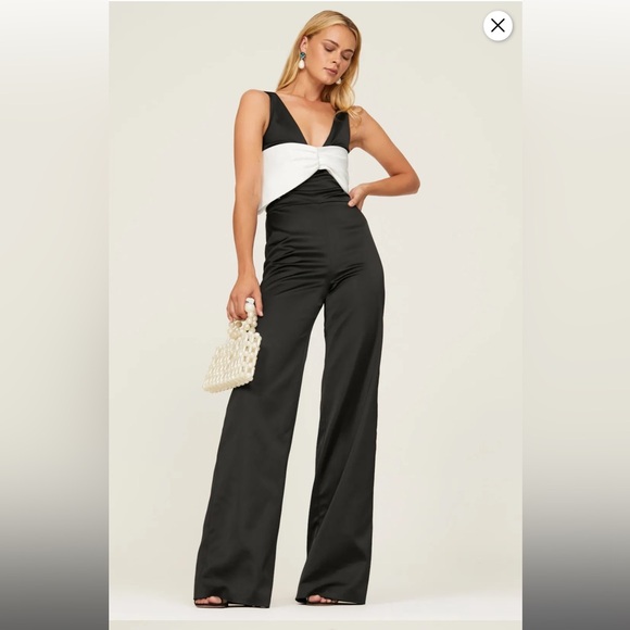 Alexis Women's Marinna Black White Wide Leg Bow Satin Pant‎ Jumpsuit Size Medium - Picture 1 of 6